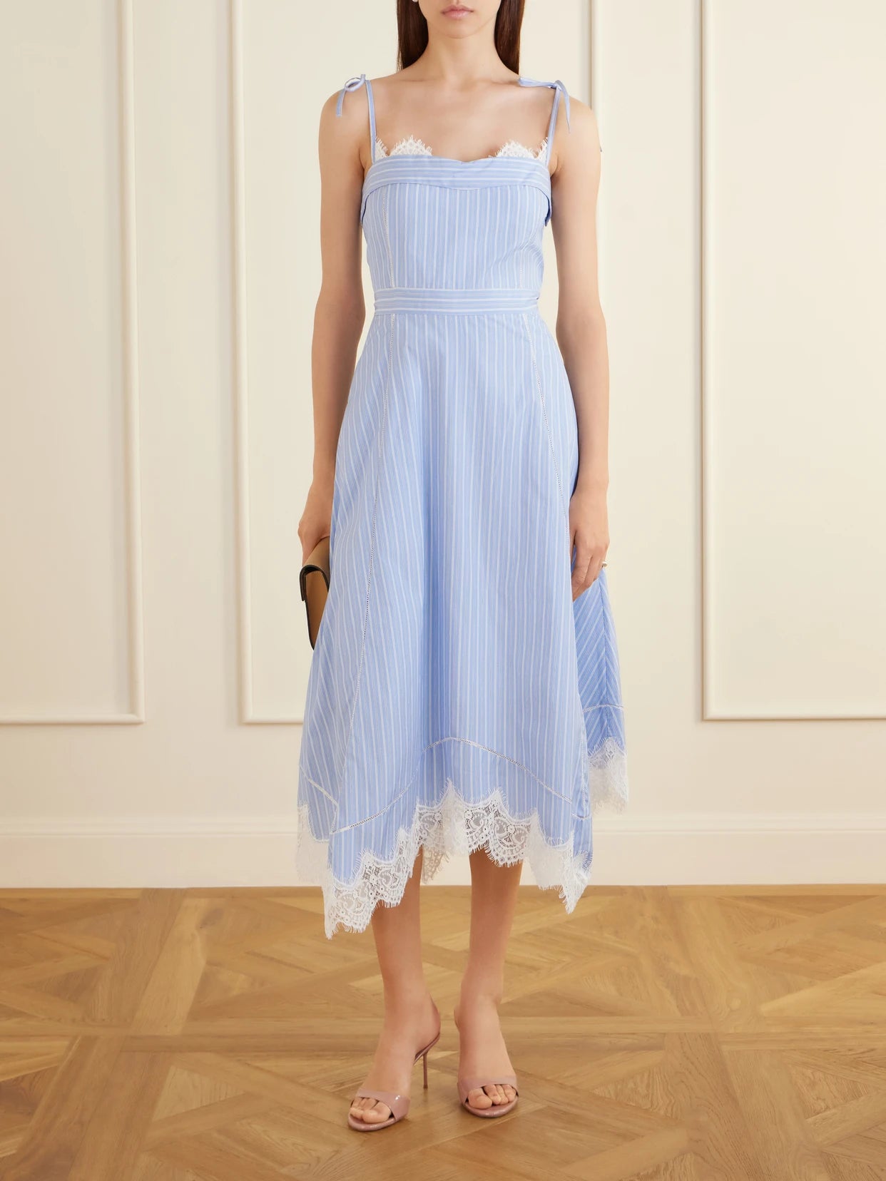 Image of Dresses. Product name - Avaleigh Lace-trimmed Striped Cotton-poplin Midi Dress in Blue colour by brand - SIMKHAI