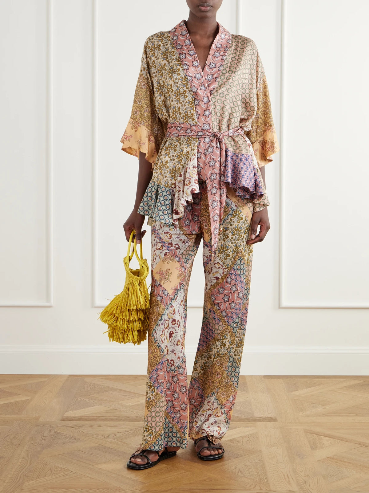 Image of Outfit Sets. Product name - Fairlight Draped Printed Silk Wide-leg Pants in Multi colour by brand - Zimmermann