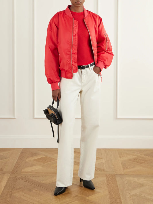 Image of a model wearing Tops. Product name - Tiana Ribbed Cotton-blend Sweater in Red colour by brand - Anine Bing