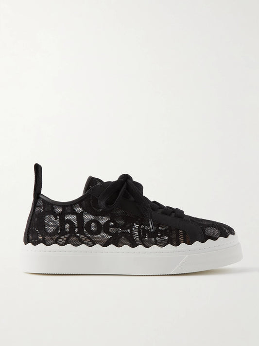 Lauren Scalloped Logo-detailed Lace And Leather Sneakers