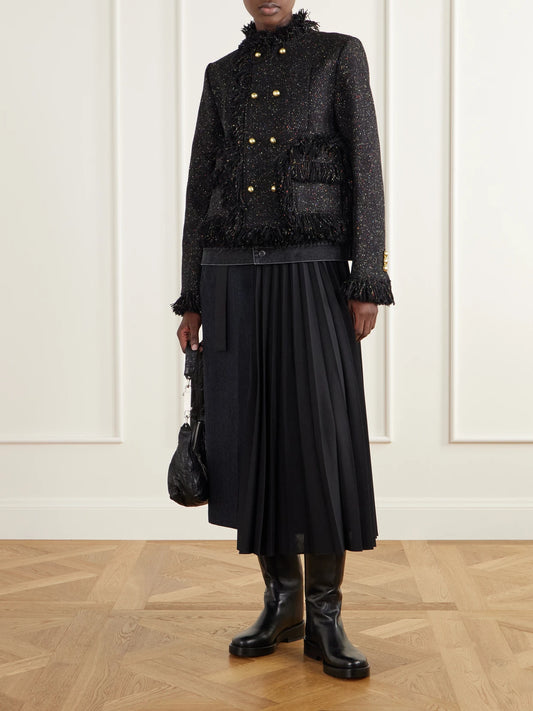 Image of Coats & Jackets. Product name - Wool-blend Tweed Bouclé And Denim Jacket in Black colour by brand - Sacai