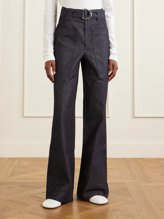 Image of a model wearing Pants. Product name - Lina Belted Stretch-cotton Twill Wide-leg Pants in Indigo colour by brand - Proenza Schouler White Label