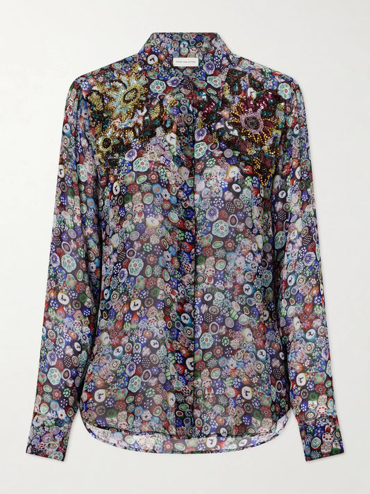 Image of a model wearing Tops. Product name - Sequin-embellished Printed Georgette Blouse in Purple colour by brand - Dries Van Noten