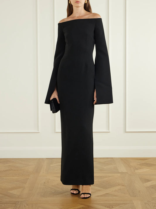Image of Dresses. Product name - Marcella Off-the-shoulder Crepe Gown in Black colour by brand - Solace London