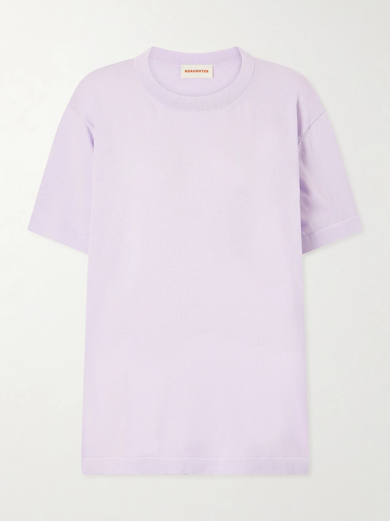 Image of a model wearing Tops. Product name - T-knit Ribbed-knit Cotton T-shirt in Lilac colour by brand - &Daughter