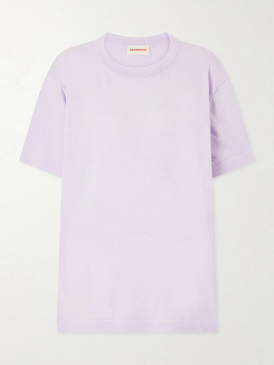 Image of a model wearing Tops. Product name - T-knit Ribbed-knit Cotton T-shirt in Lilac colour by brand - &Daughter
