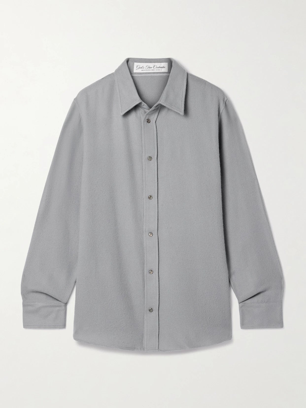 Image of a model wearing Tops. Product name - Cashmere-twill Shirt in Gray colour by brand - God's True Cashmere