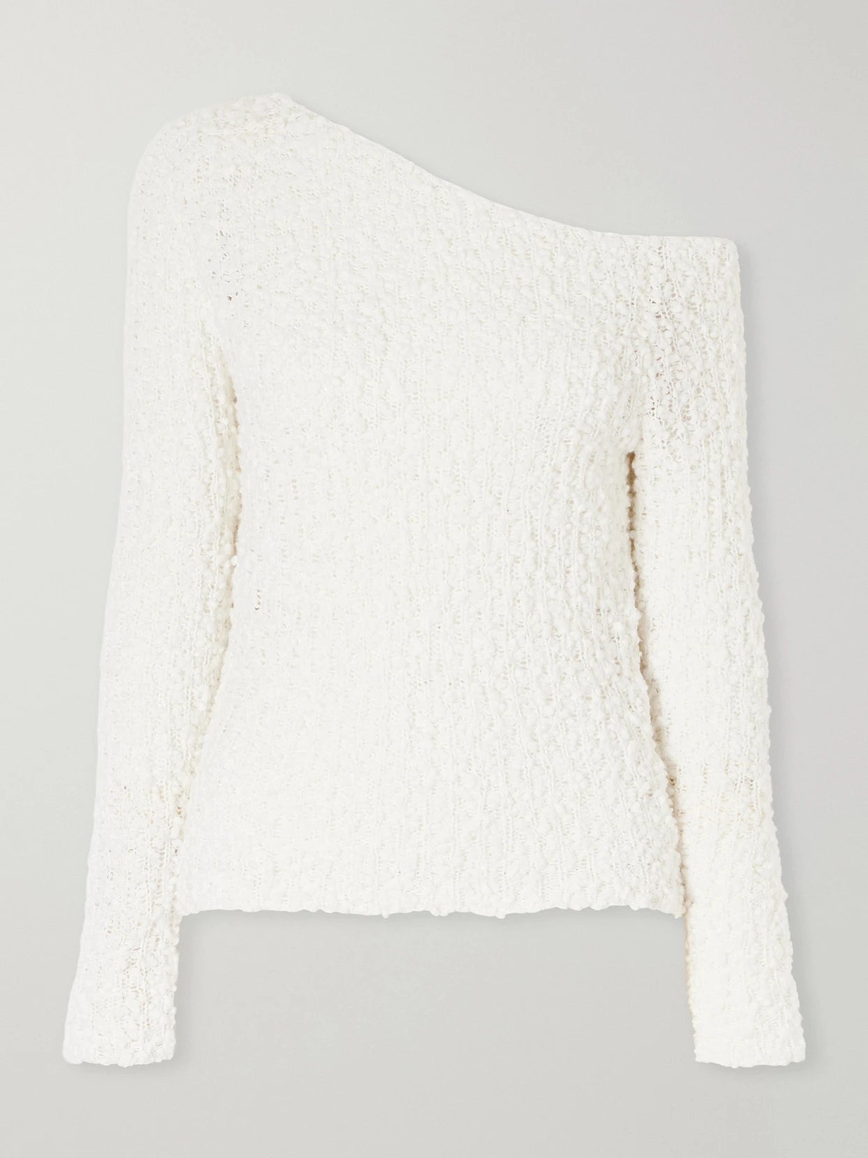 Image of a model wearing Outerwear. Product name - Vine Off-the-shoulder Cotton-blend Bouclé Sweater in Cream colour by brand - The Elder Statesman