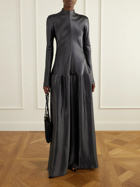 Image of Dresses. Product name - Mila Textured-satin Turtleneck Maxi Dress in Gray colour by brand - FFORME