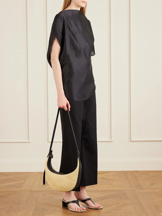 Image of Bags. Product name - Augustina Small Leather-trimmed Raffia Shoulder Bag in Neutral colour by brand - KHAITE