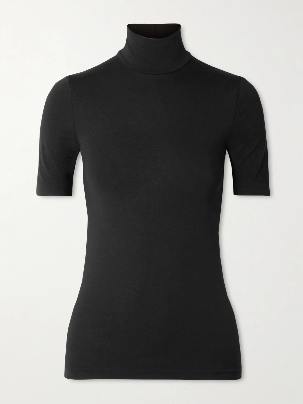 Image of a model wearing Tops. Product name - Aurora Modal-blend Jersey Turtleneck Top in Black colour by brand - Wolford