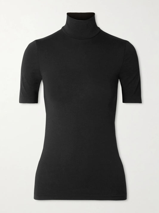 Image of a model wearing Tops. Product name - Aurora Modal-blend Jersey Turtleneck Top in Black colour by brand - Wolford