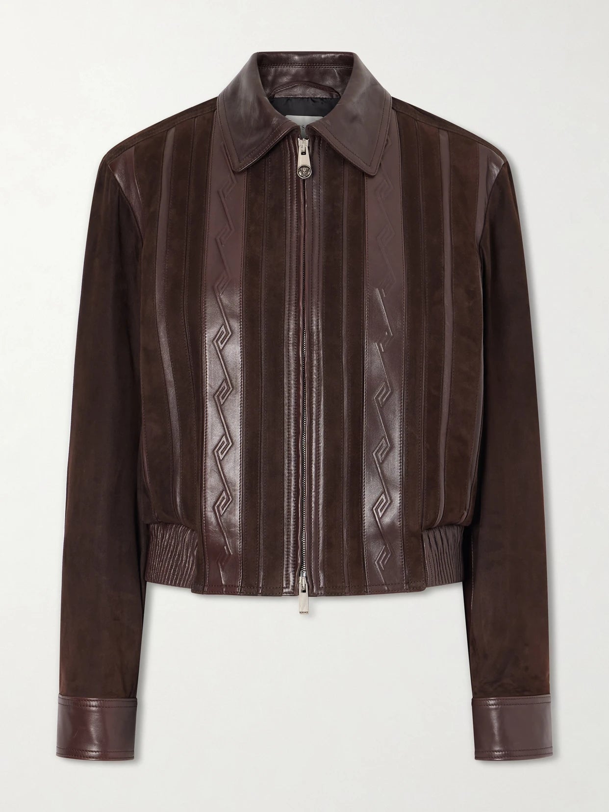 Greca-embossed Leather And Suede Jacket