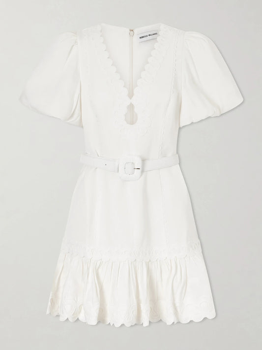 Kahlia Ruffled Scalloped Linen-blend Mini Dress