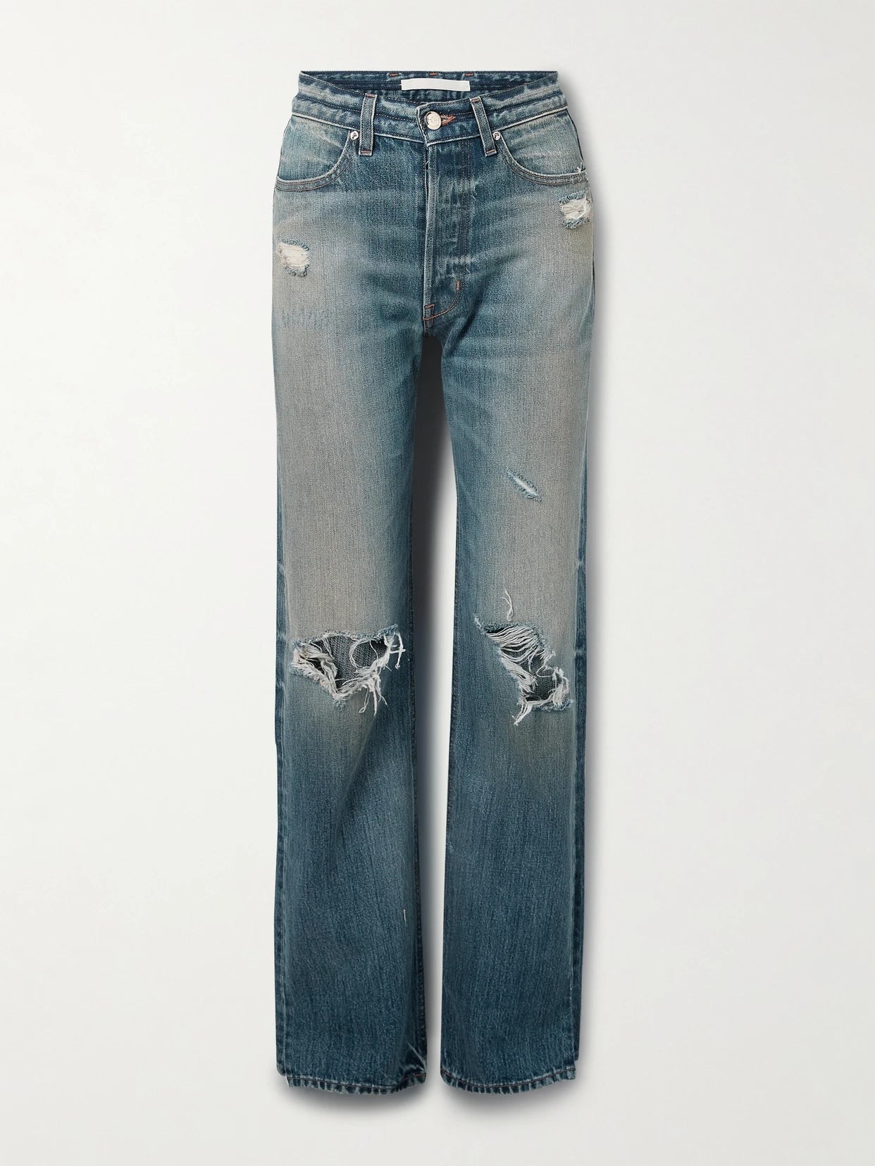 Image of Jeans. Product name - The Agnes Distressed Mid-rise Straight-leg Jeans in Mid denim colour by brand - RÙADH
