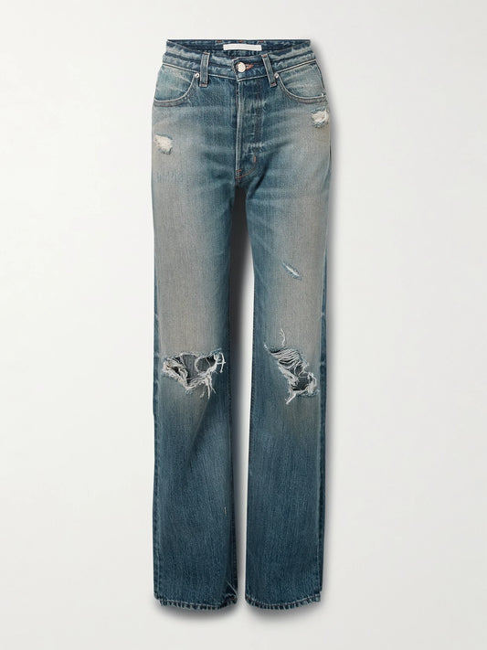 Image of Jeans. Product name - The Agnes Distressed Mid-rise Straight-leg Jeans in Mid denim colour by brand - RÙADH