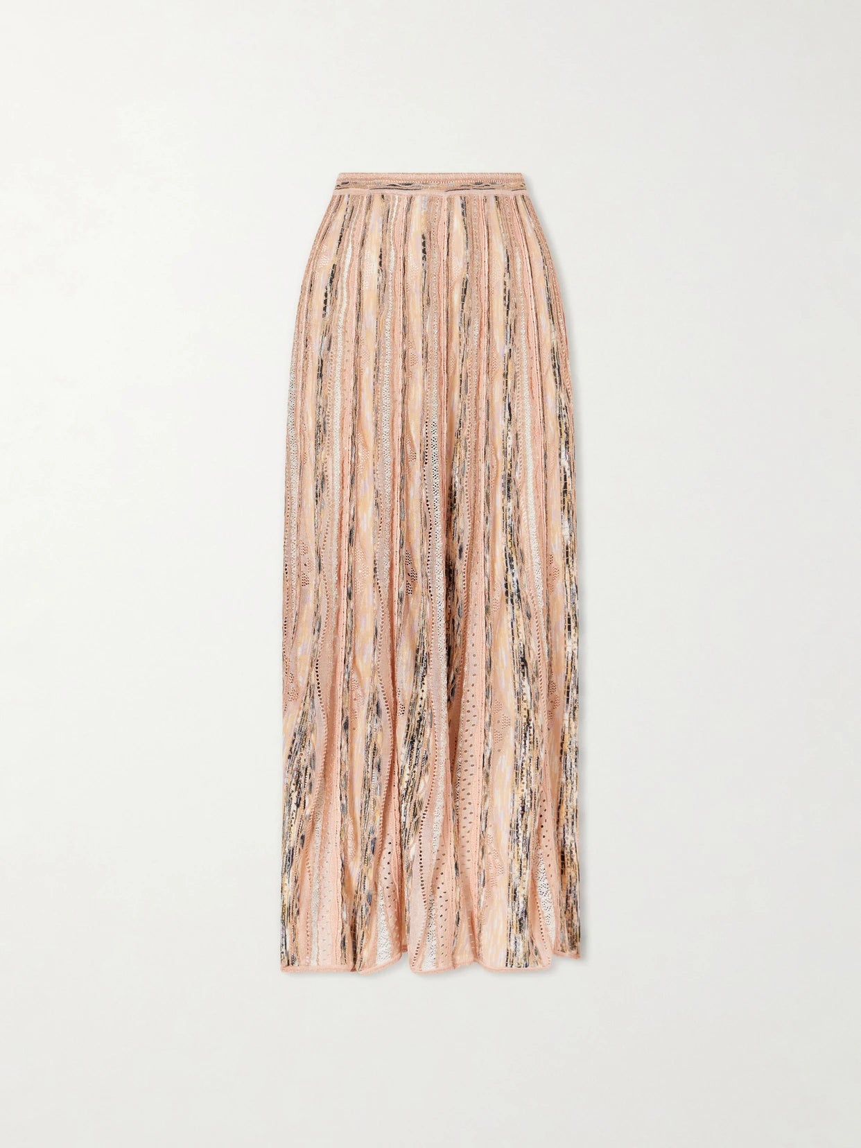 Image of a model wearing Skirts. Product name - Clio Striped Pointelle-knit Midi Skirt in Pink colour by brand - Ulla Johnson