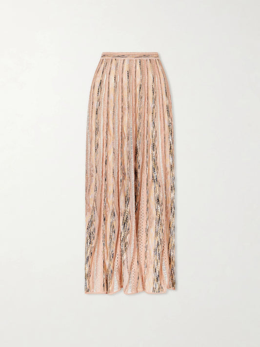 Image of a model wearing Skirts. Product name - Clio Striped Pointelle-knit Midi Skirt in Pink colour by brand - Ulla Johnson
