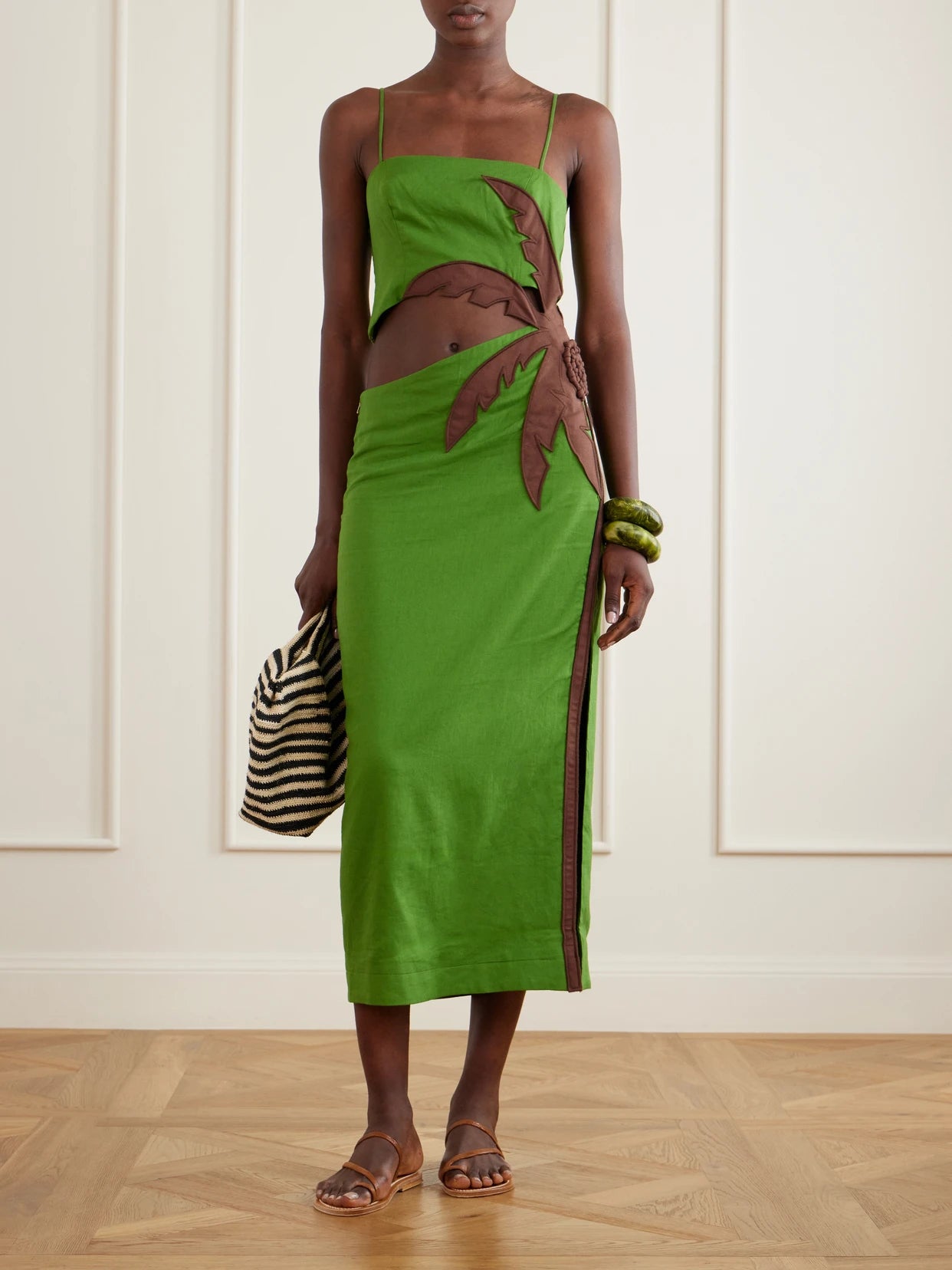 Image of Dresses. Product name - Cut-out Linen-blend Midi Dress in Green colour by brand - Farm Rio