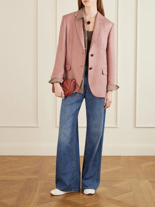 Image of Coats & Jackets. Product name - Single-breasted Linen-twill Blazer in Pink colour by brand - Brunello Cucinelli