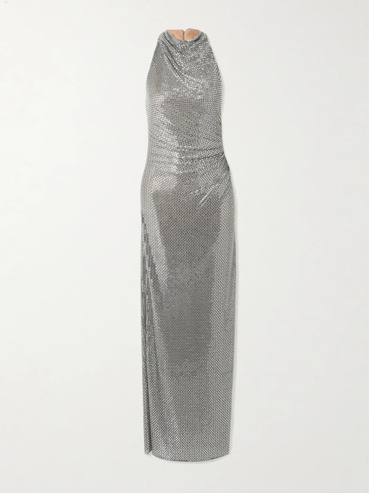Image of Dresses. Product name - Embellished Draped Mesh Halterneck Maxi Dress in Gray colour by brand - Self-Portrait