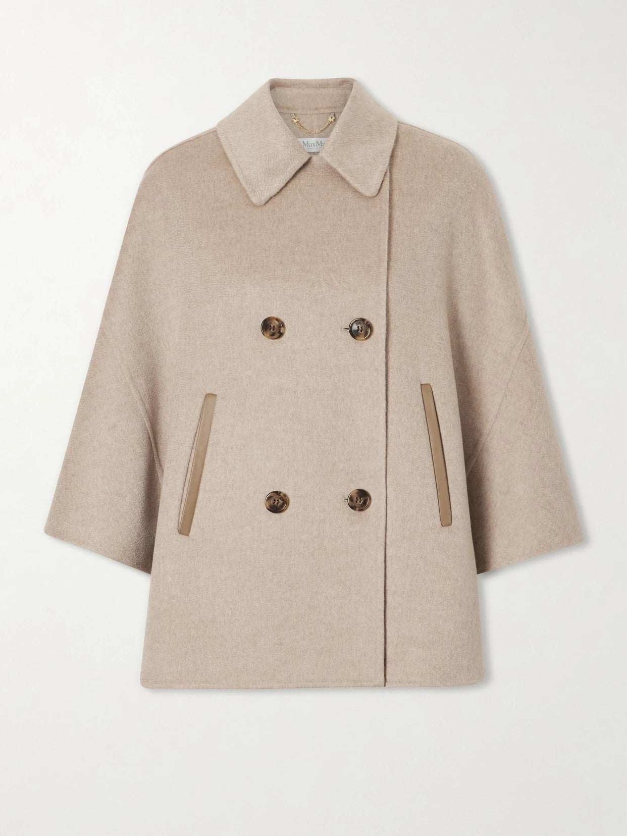 Image of Coats & Jackets. Product name - Leather-trimmed Cashmere Cape in Beige colour by brand - Max Mara