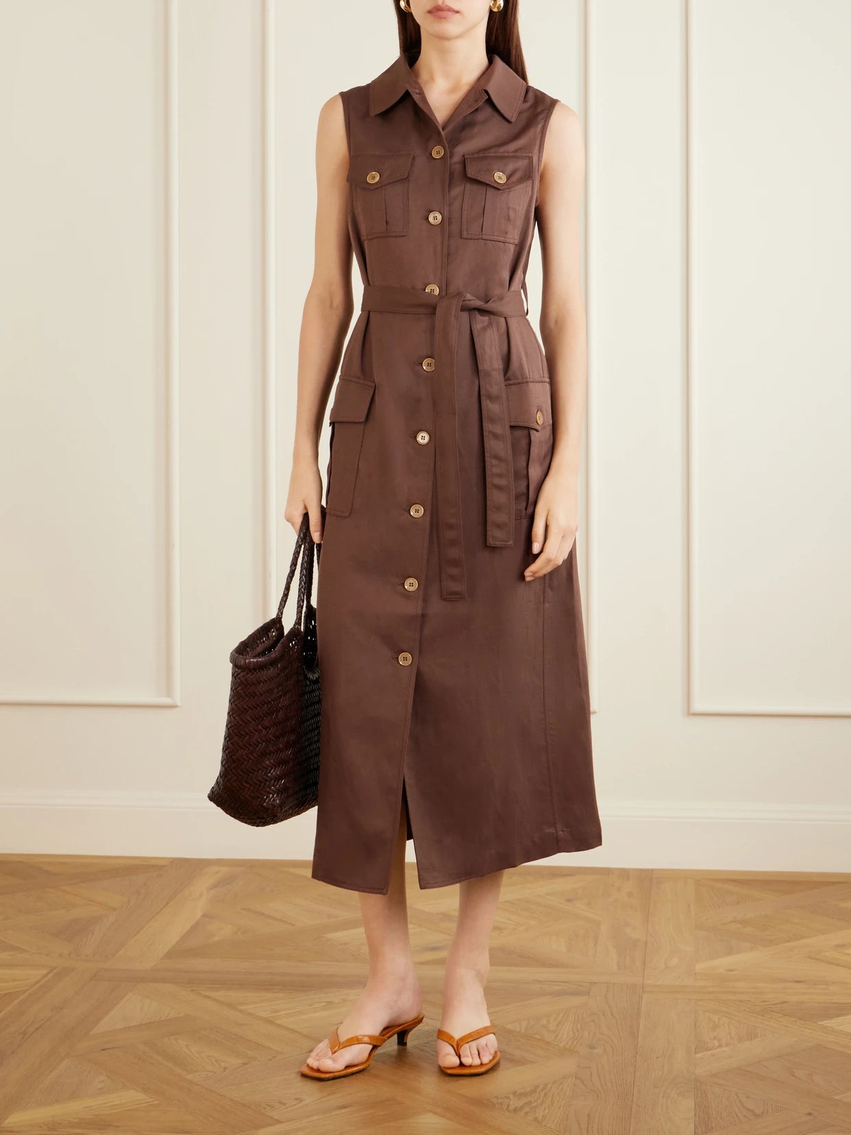 Image of Dresses. Product name - Mary Angel Belted Silk And Linen-blend Midi Dress in Brown colour by brand - Giuliva Heritage