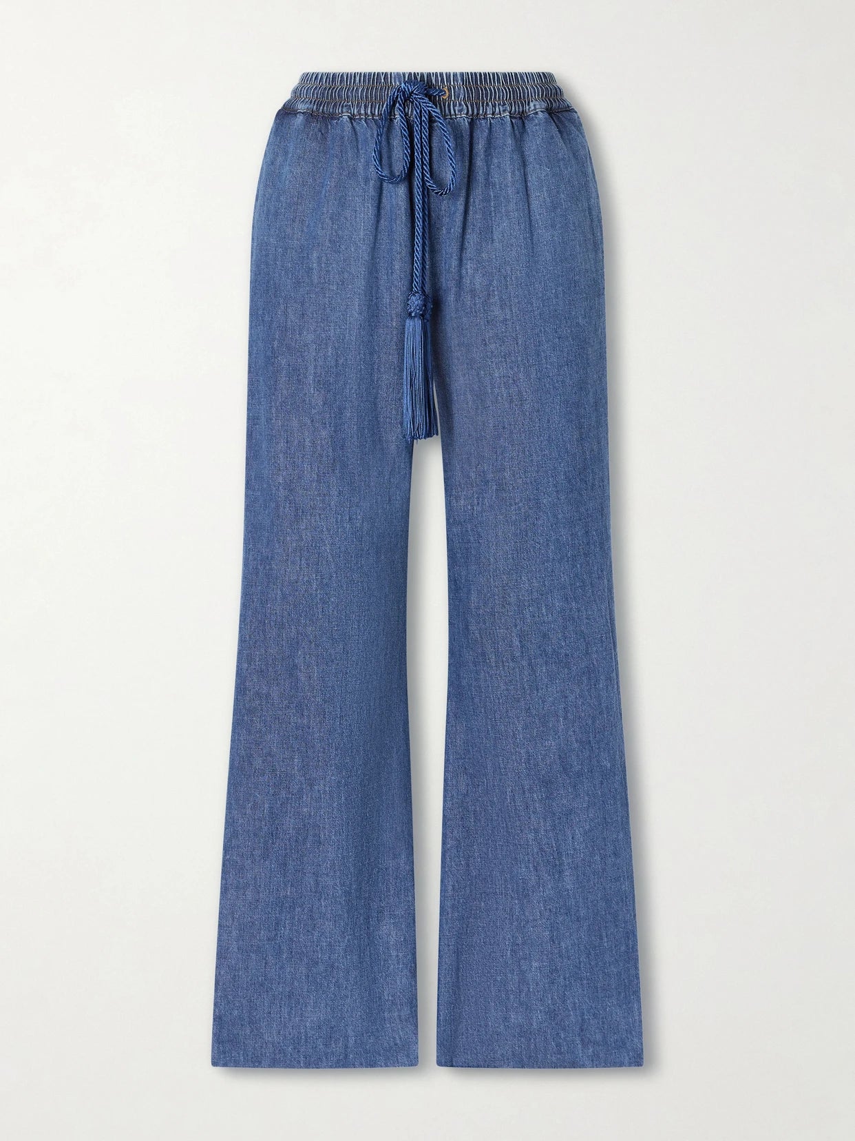 Image of Jeans. Product name - Tasseled High-rise Bootcut Jeans in Dark denim colour by brand - Valentino Garavani