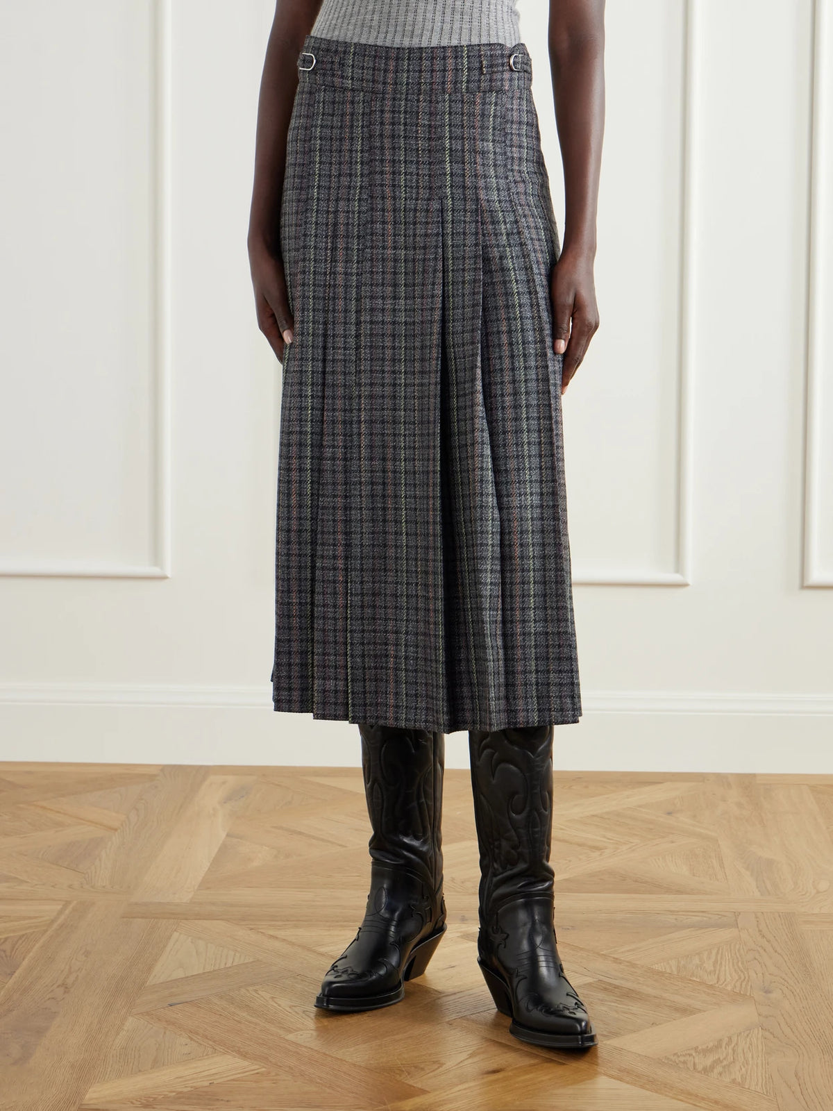 Gabriela Hearst Wesley Pleated Houndstooth Wool And Cashmere-blend Twill Midi Skirt