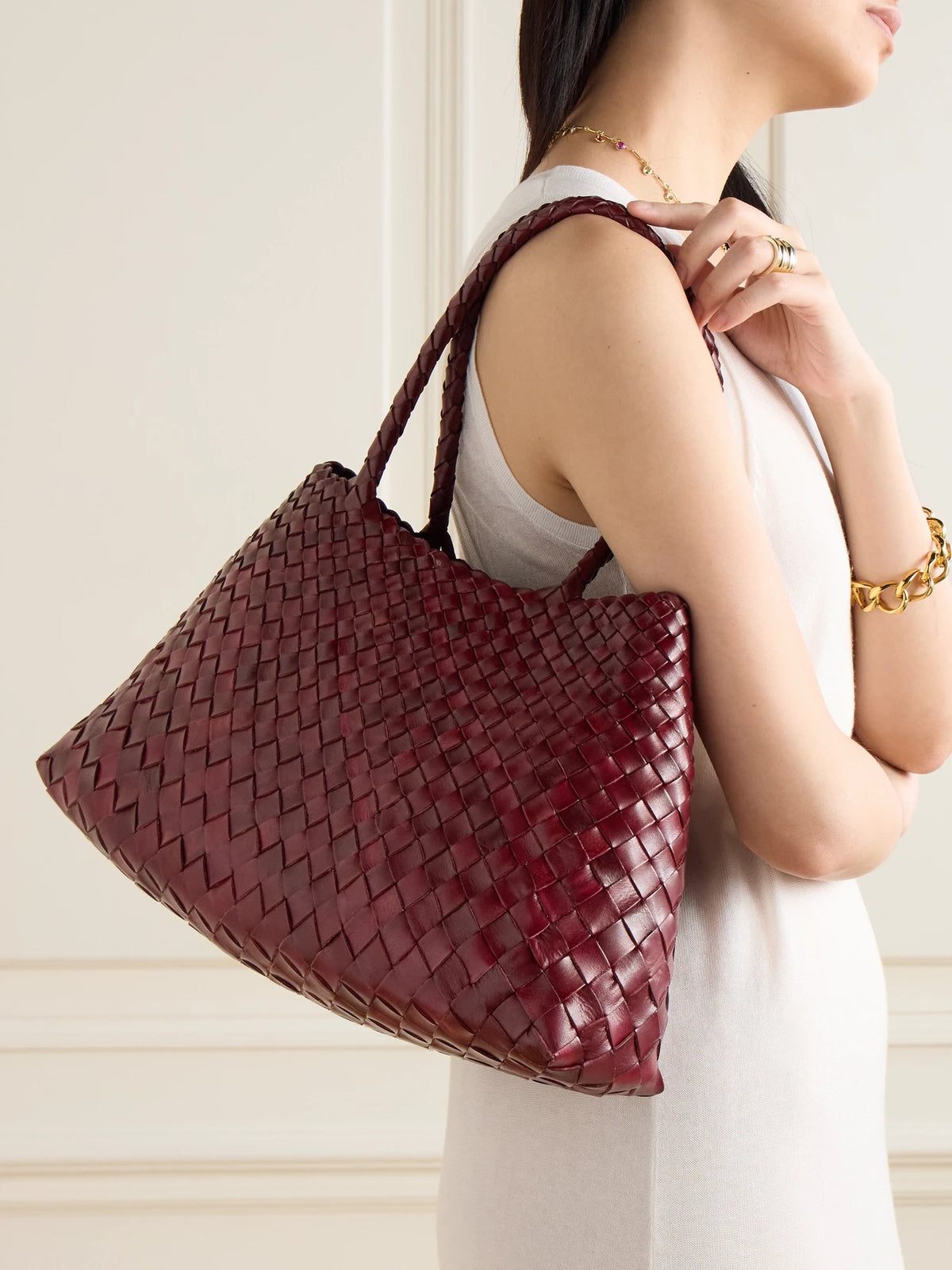 Image of Bags. Product name - Santa Croce Big Woven Leather Tote Bag in Burgundy colour by brand - Dragon Diffusion