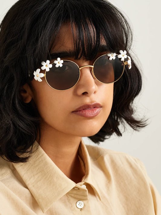 Image of Sunglasses. Product name - + Paula's Ibiza Embellished Round-frame Gold-tone Sunglasses in White colour by brand - Loewe