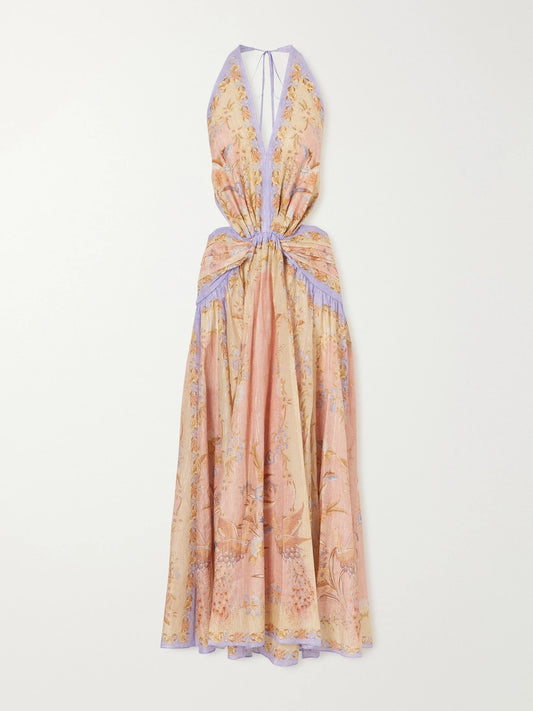 Image of Dresses. Product name - Indra Plunge Printed Metallic Cotton And Silk-blend Halterneck Maxi Dress in Pink colour by brand - Zimmermann