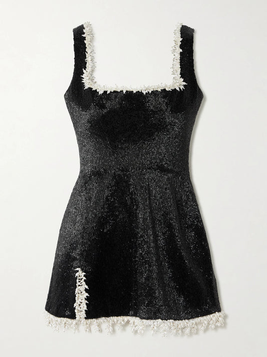 Image of Dresses. Product name - Margot Embellished Satin Mini Dress in Black colour by brand - Clio Peppiatt