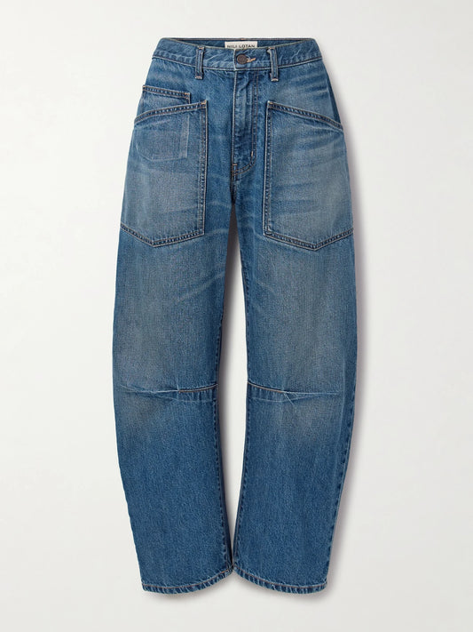 Image of Jeans. Product name - Shon High-rise Barrel-leg Jeans in Mid denim colour by brand - Nili Lotan
