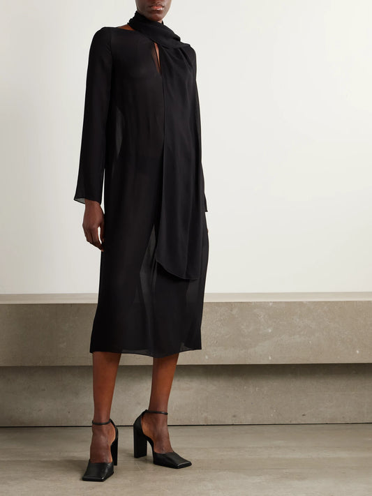 Image of Dresses. Product name - Cutout Tie-neck Mesh Midi Dress in Black colour by brand - Alaïa
