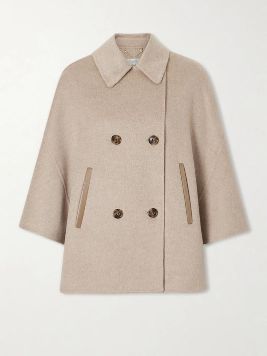 Image of Coats & Jackets. Product name - Leather-trimmed Cashmere Cape in Beige colour by brand - Max Mara
