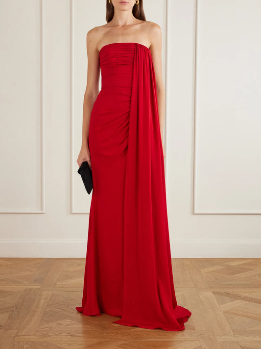 Image of Dresses. Product name - Draped Silk-georgette Gown in Red colour by brand - Elie Saab
