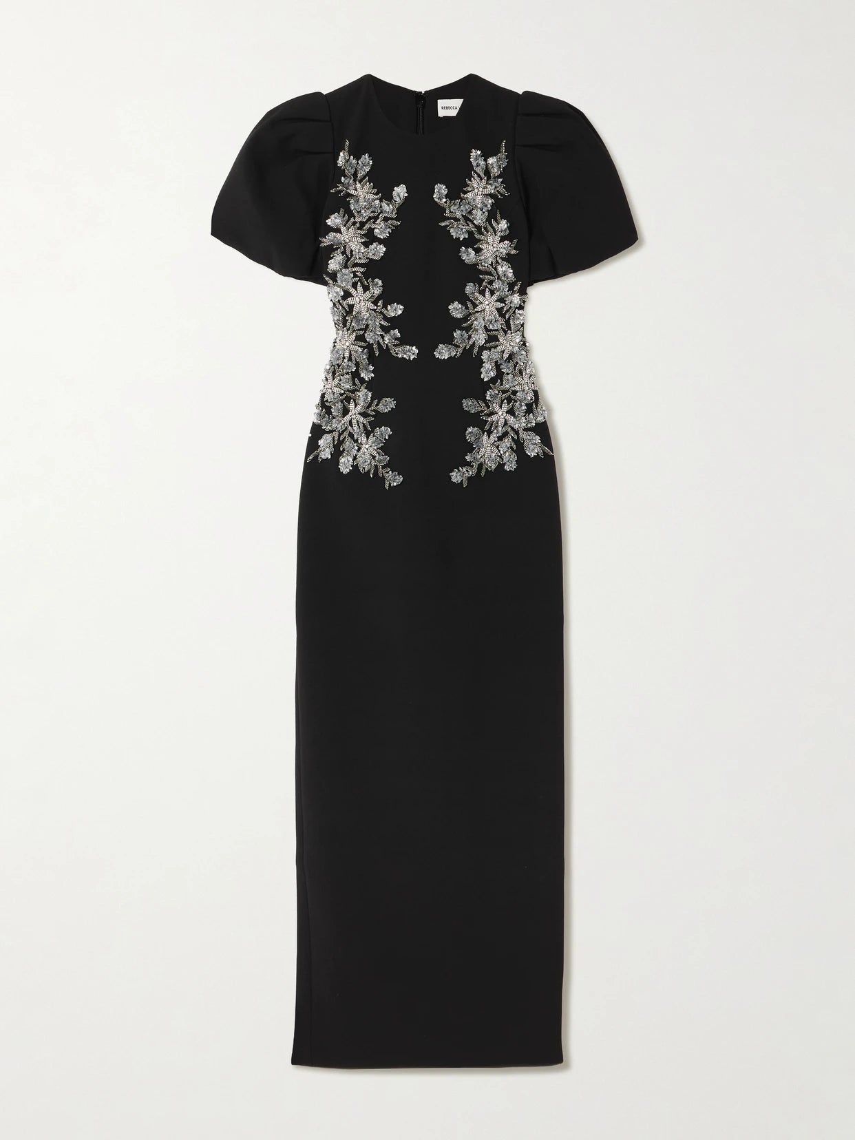 Image of Dresses. Product name - Zephyr Embellished Crepe Gown in Black colour by brand - Rebecca Vallance