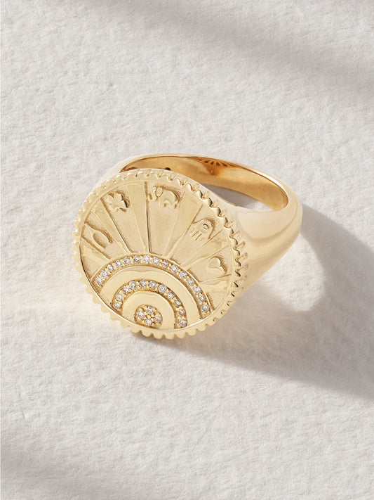 Small Luck Coin 14-karat Gold Diamond Signet Ring
