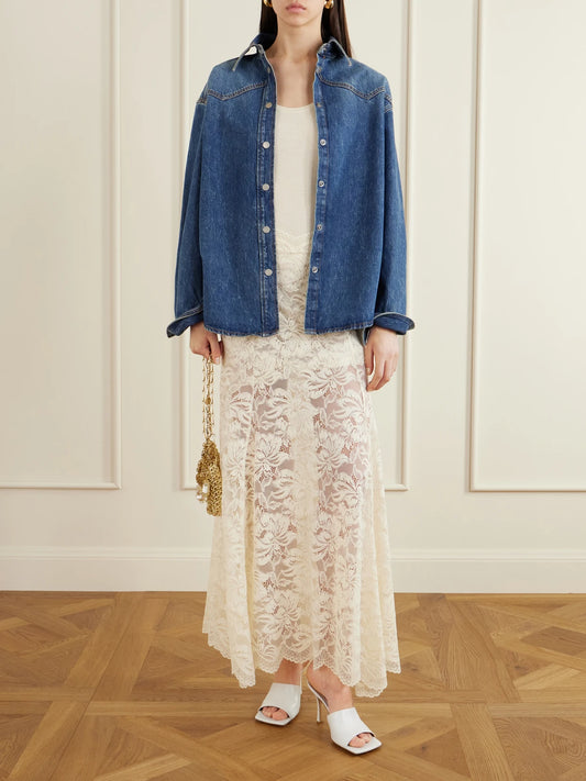 Image of a model wearing Skirts. Product name - Scalloped Lace Maxi Skirt in Ivory colour by brand - RABANNE