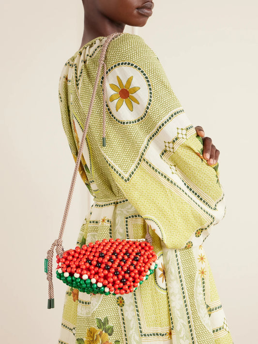 Image of Bags. Product name - Watermelon Beaded Wood Shoulder Bag in Red colour by brand - ALÉMAIS
