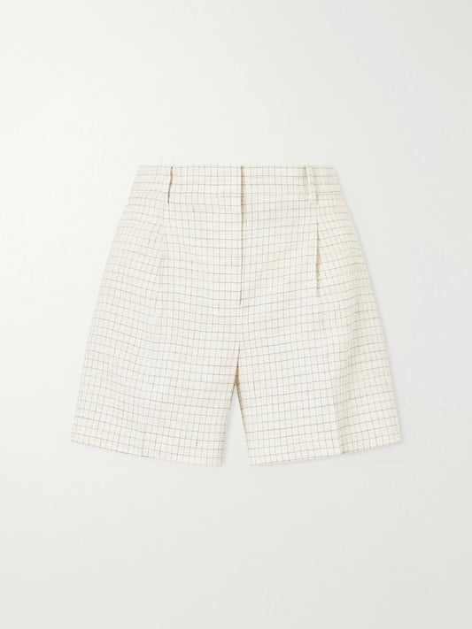 Image of a model wearing Shorts. Product name - Fluid Checked Linen-blend Shorts in Off-white colour by brand - Theory