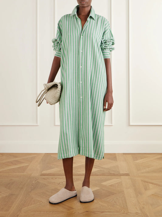 Image of Dresses. Product name - The Long Shirt Striped Cotton Oxford Midi Dress in Green colour by brand - Marrakshi Life