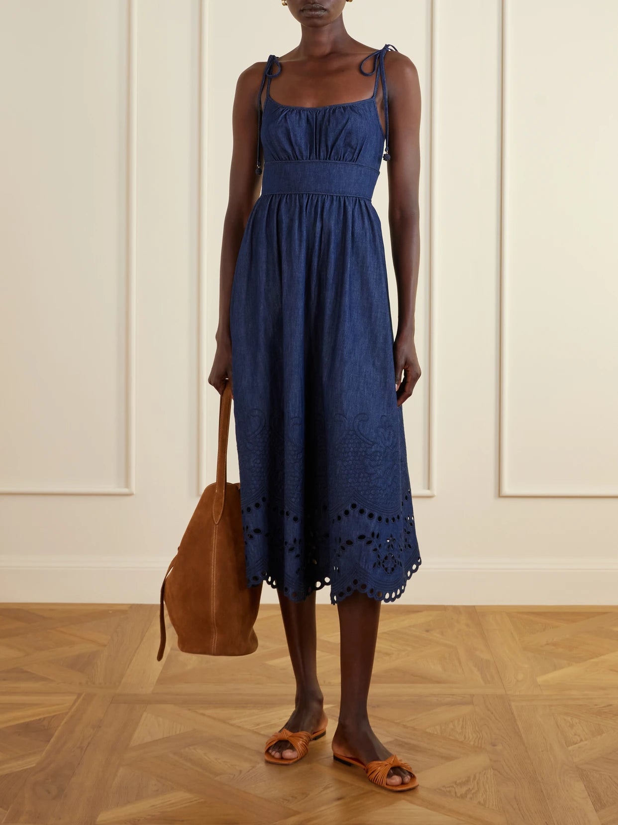 Image of Dresses. Product name - Mahon Broderie Anglaise Cotton-denim Midi Dress in Blue colour by brand - Zimmermann