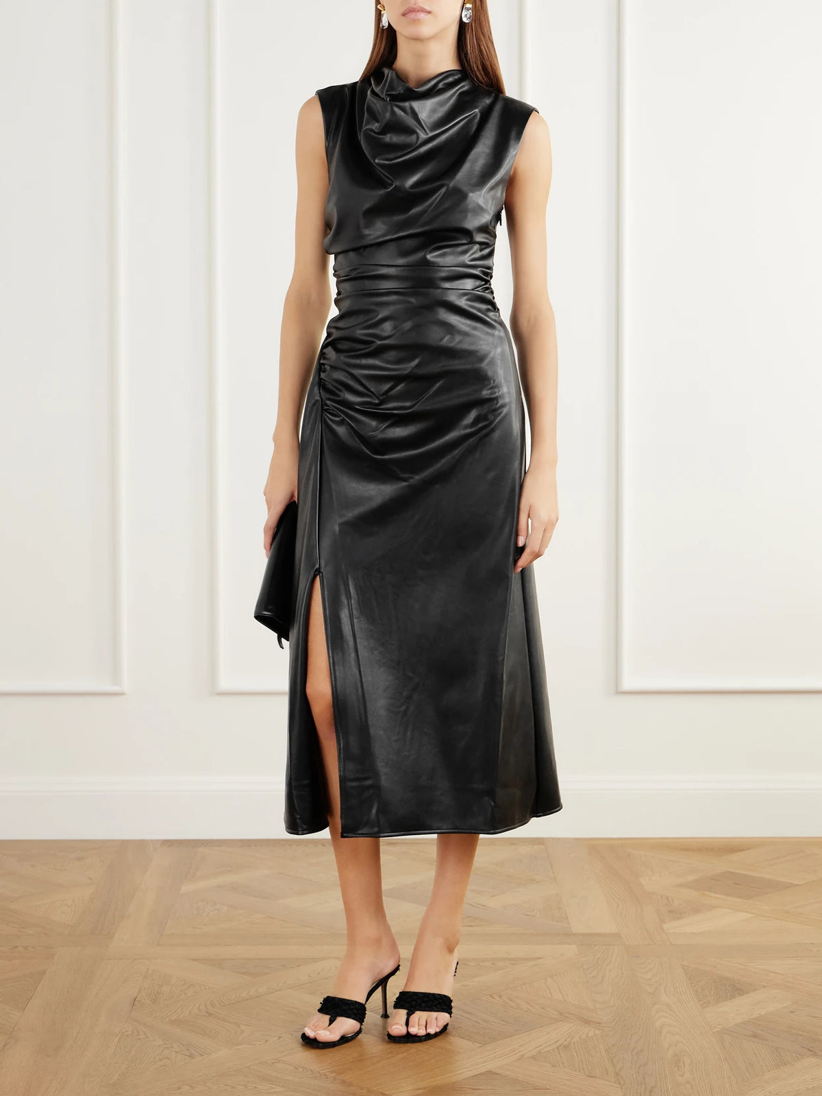 Image of Dresses. Product name - Burke Draped Glossed Midi Dress in Black colour by brand - SIMKHAI
