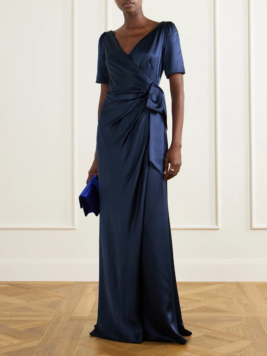 Image of Dresses. Product name - Marilyn Silk-satin Gown in Navy colour by brand - Saloni