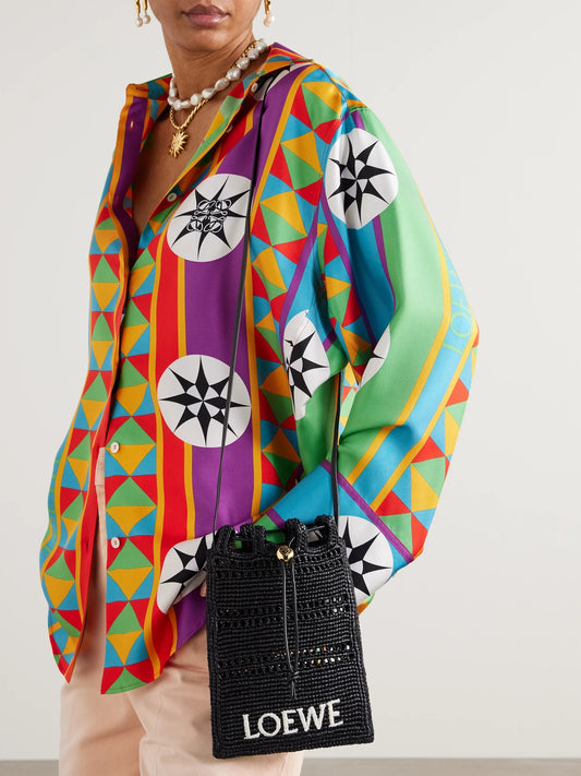 Image of Bags. Product name - + Paula's Ibiza Leather-trimmed Embroidered Raffia Shoulder Bag in Black colour by brand - LOEWE