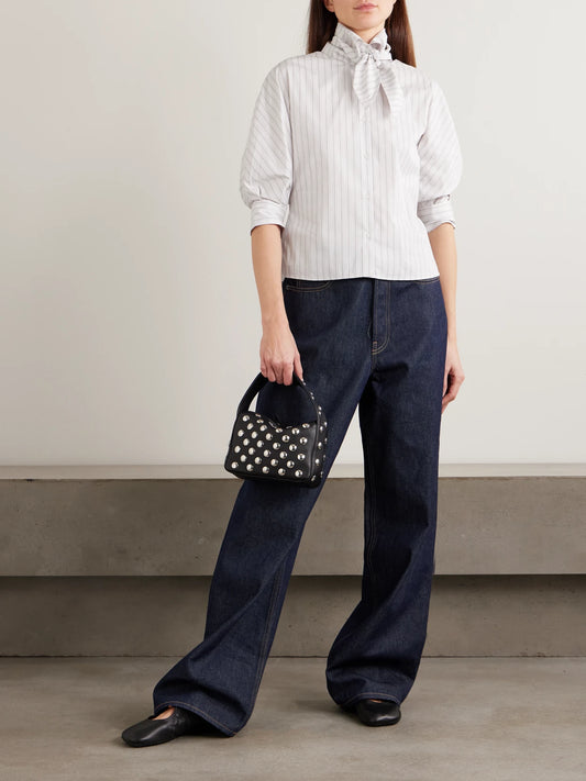 Image of a model wearing Tops. Product name - Lilette Striped Cotton-poplin Shirt in White colour by brand - KALLMEYER
