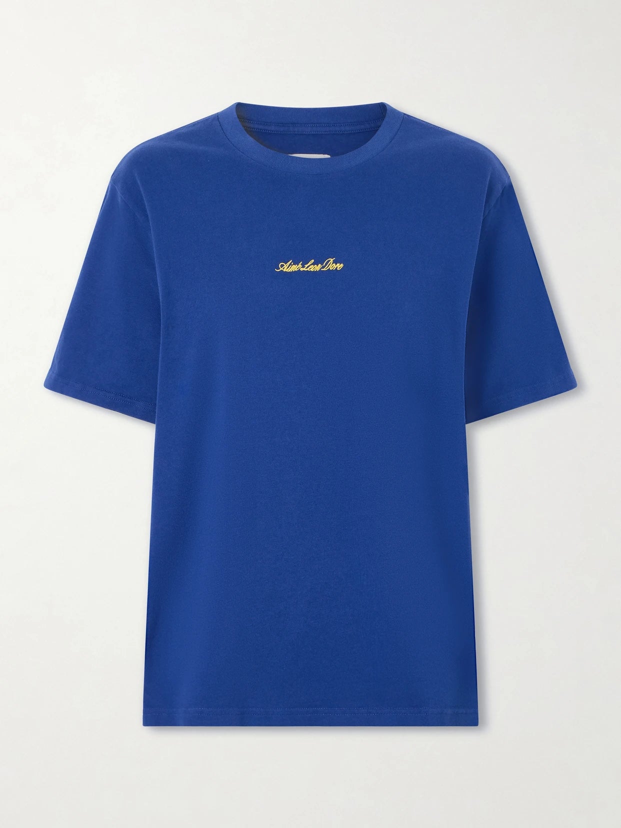 Image of a model wearing Tops. Product name - Logo-embroidered Cotton T-shirt in Navy colour by brand - Aimé Leon Dore