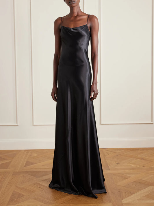 Image of Dresses. Product name - Draped Silk-satin Gown in Black colour by brand - Alaïa